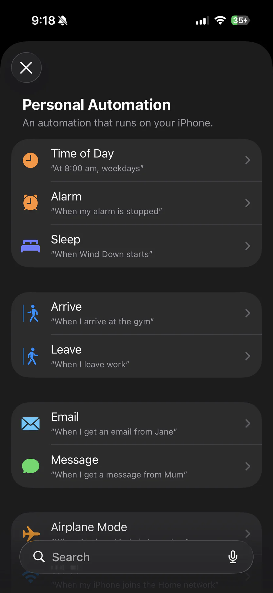 Apple Shortcuts Personal Automation screen with Time of Day at the top