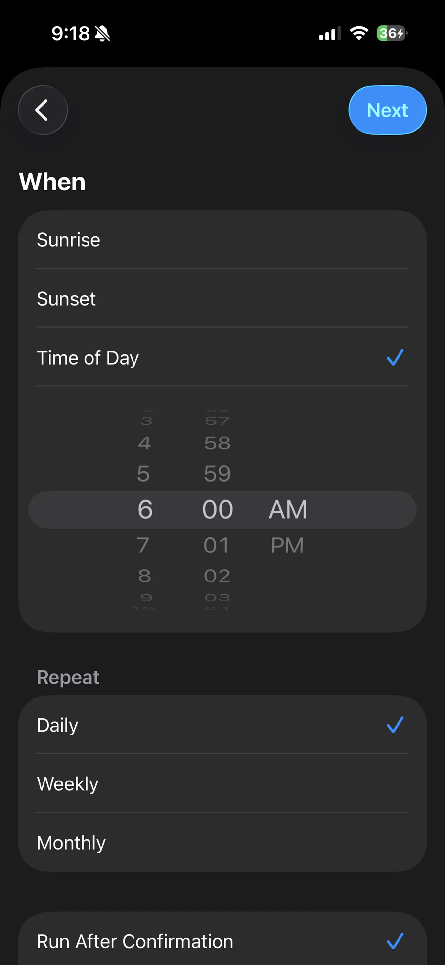Apple Shortcuts schedule screen showing Time of Day and Daily selected
