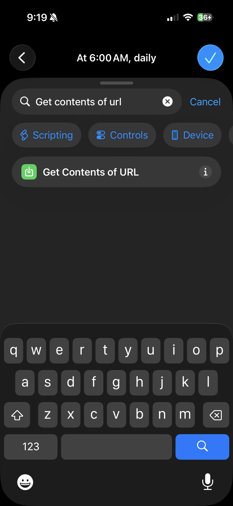 Shortcuts action search showing the Get Contents of URL result