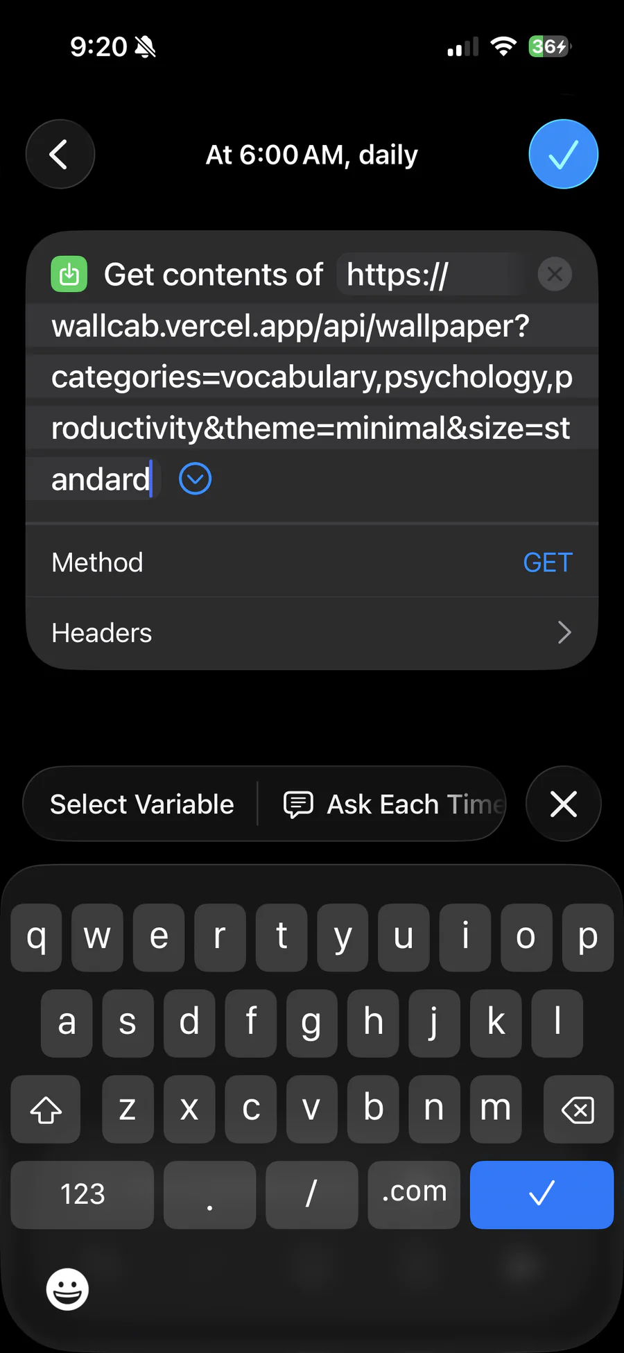Get Contents of URL action with a WallCab wallpaper API address pasted into it