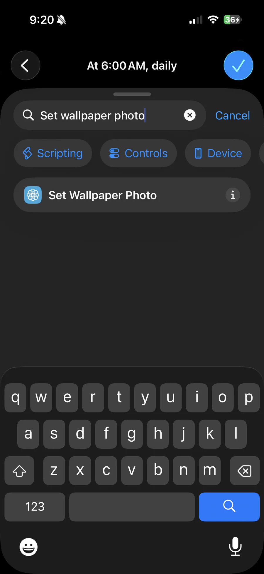 Shortcuts action search showing the Set Wallpaper Photo result