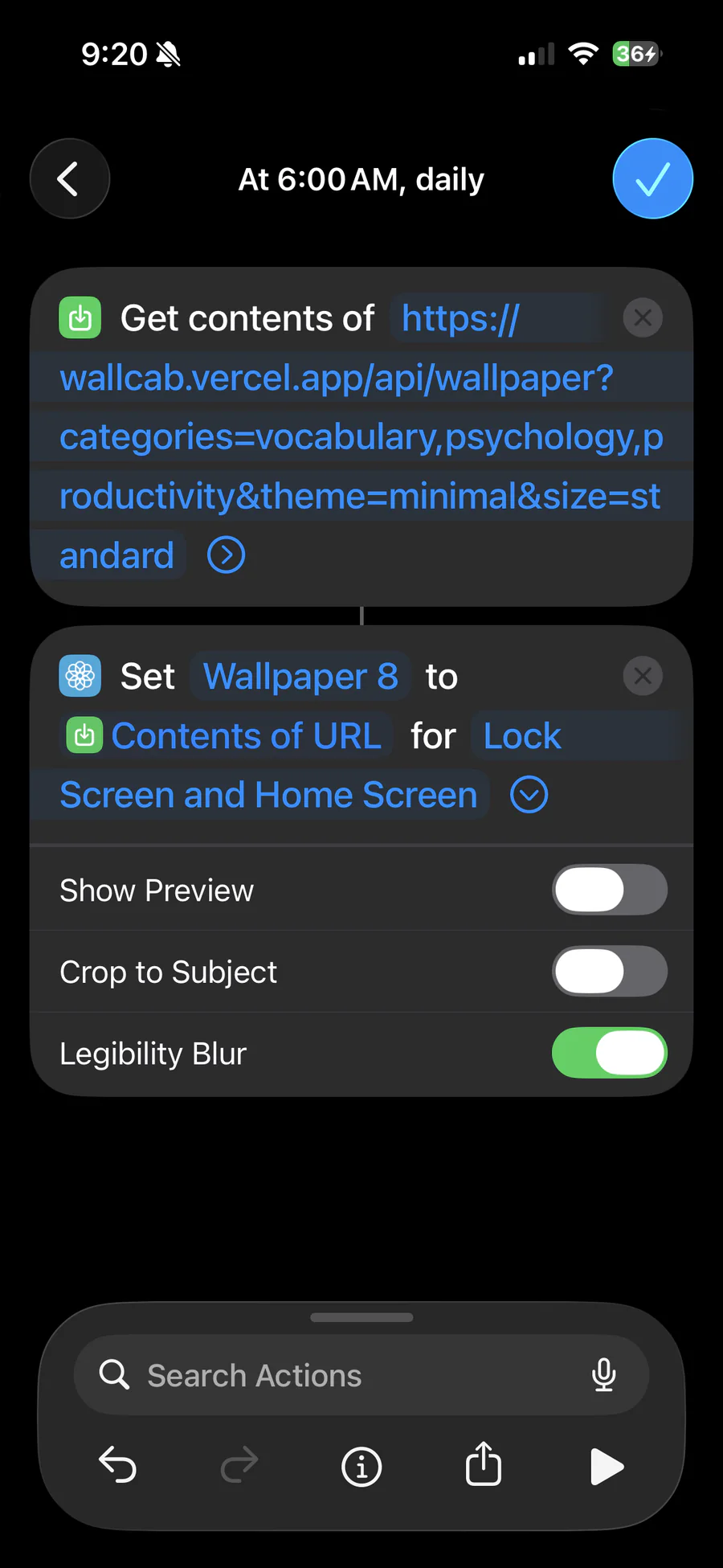 Completed WallCab automation with Get Contents of URL and Set Wallpaper Photo actions